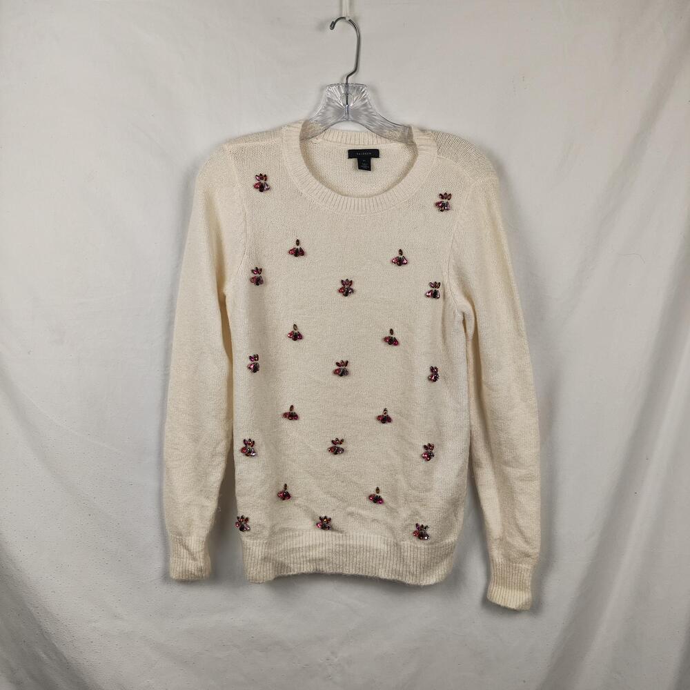 Halogen Sweater Womens XS White Beaded Jewel Bee Crew Neck Knit Pullover Animal